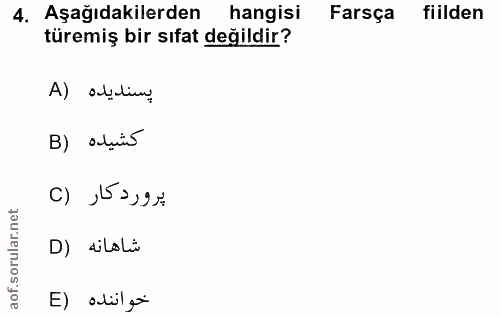 4. soru: Aşağıdakilerden hangisi Farsça fiilden türemiş bir sıfat değildir? A) abaliun كشيده (B پرورد كار (C D) silaLi E) alii…