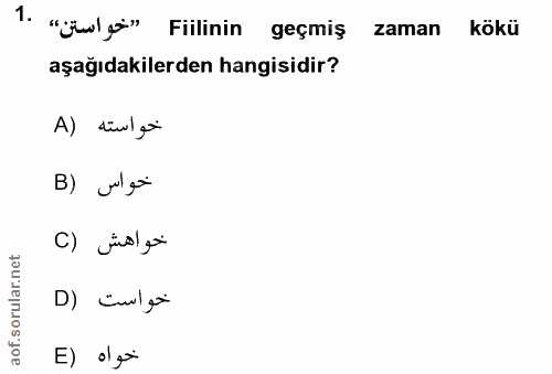1. soru: "gule" Fiilinin geçmiş zaman kökü aşağıdakilerden hangisidir? A) divl gi B) julgo C) jusl goi D) Culai E) olgi
