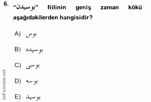 6. soru: "'jan ge" fiilinin geniş zaman kökü aşağıdakilerden hangisidir? A) Jug B) auu gi: C) Gug D) du gi E) duv gi