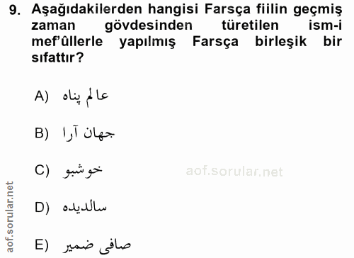 9. soru: Aşmğdakilerdeesinesi Farsra fiilin gecmig zaman gövdesinden türetilen mef'üllerle yapılmış Farsça birleşik bir sıfatt…