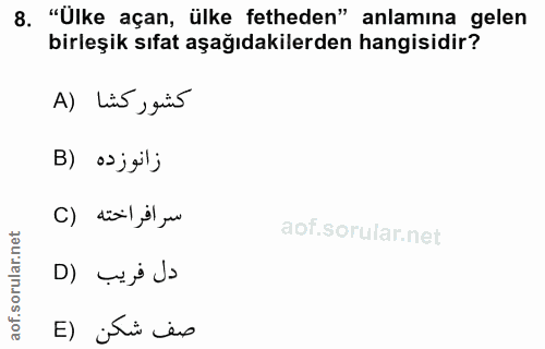 8. soru: "Ülke açan, ülke fetheden" anlamına gelen birleşik sıfat aşağıdakilerden hangisidir? A) Lis , gis زانوزده (B سر افراخ…
