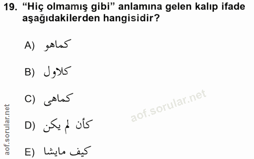 19. soru: "Hiç olmamış gibi" anlamına gelen kalıp ifade aşağıdakilerden hangisidir? A) solas B) J,$15 c) colas D) j A jis E) Li…