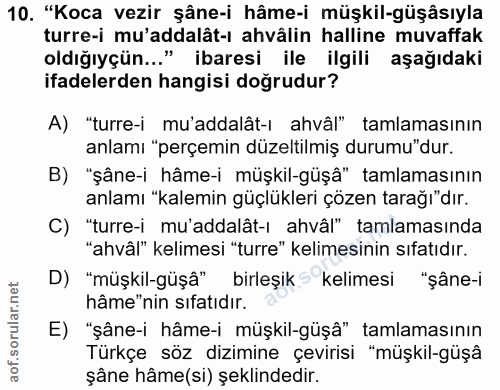 10. soru: "Koca vezir şâne-i hâme-i müşkil-güşâsıyla turre-i mu'addalât-ı ahvâlin halline muvaffak oldığıyçün..." ibaresi ile i…