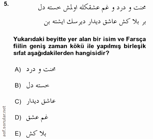 5. soru: Yukarıdaki beyitte yer alan bir isim ve Farsça fiilin geniş zaman kökü ile yapılmış birleşik sıfat aşağıdakilerden ha…