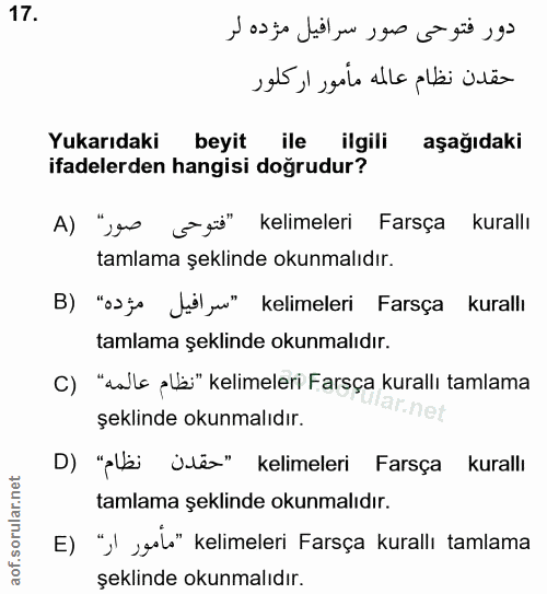 17. soru: Yukarıdaki beyit ile ilgili aşağıdaki ifadelerden hangisi doğrudur? A) "us s güs" kelimeleri Farsça kurallı tamlama ş…