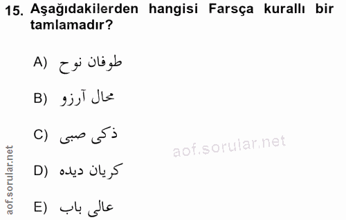 15. soru: Aşağıdakilerden hangisi Farsça kurallı bir tamlamadır? A) zi ilisb محال آرزو (B C) Gur Ss كريان ديده (D عالى باب (E