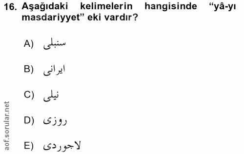 16. soru: Aşağıdaki kelimelerin hangisinde "yâ-yı masdariyyet" eki vardır? A) Stin ايرانى (B c) di D) Sjg› لاجوردى (E
