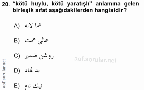 20. soru: "kötü huylu, kötü yaratışlı" anlamına gelen birleşik sıfat aşağıdakilerden hangisidir? A) diy Lo° B) co ola C) sais j…
