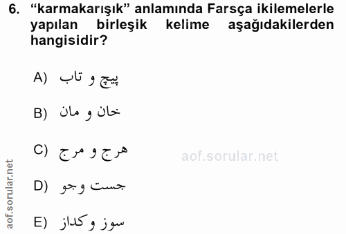 6. soru: "karmakarışık" anlamında Farsça ikilemelerle yapılan birleşik kelime aşağıdakilerden hangisidir? B) ilo güli D) gg cu.