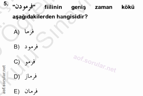 5. soru: "فرمودن" .5 fiilinin genis zaman kökü aşağıdakilerden hangisidir? A) Lai B) S go o D) jo i E) ¿loji