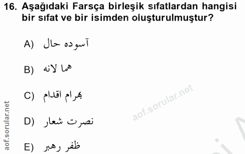 16. soru: Aşağıdaki Farsça birleşik sıfatlardan hangisi bir sıfat ve bir isimden oluşturulmuştur? A) Ja os gul B) diy Los D) Je…