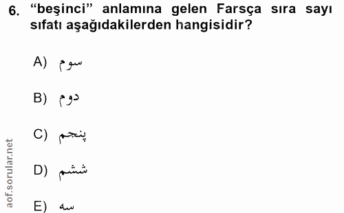 6. soru: "beşinci" anlamına gelen Farsça sıra sayı sıfatı aşağıdakilerden hangisidir? A) Pou B) gº C) pri D) primi E) dw