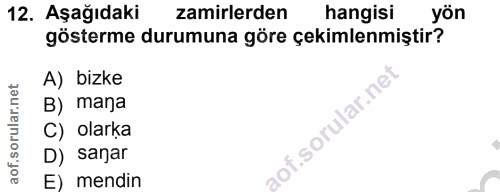 12. soru: Aşağıdaki zamirlerden hangisi yön gösterme durumuna göre çekimlenmiştir? A) bizke B) mana C) olarka D) sanar E) mendin