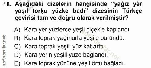 18. soru: Aşağıdaki dizelerin hangisinde "yağız yer yaşıl torku yüzke badı" dizesinin Türkçe çevirisi tam ve doğru olarak veril…