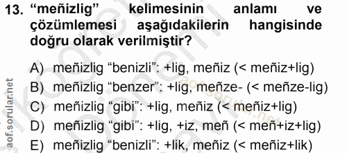 13. soru: "meñizlig" kelimesinin anlamı ve çözümlemesi aşağıdakilerin hangisinde doğru olarak verilmiştir? A) meñizlig "benizli…
