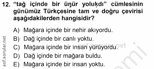 12. soru: "tağ içinde bir ünür yolukdı" cümlesinin günümüz Türkçesine tam ve doğru çevirisi aşağıdakilerden hangisidir? A) Mağa…