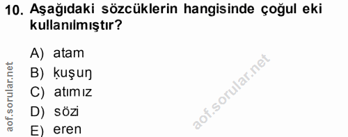 10. soru: Aşağıdaki sözcüklerin hangisinde çoğul eki kullanılmıştır? A) atam B) kuşun C) atımız D) sözi E) eren