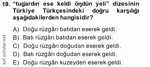 19. soru: "tugardın ese keldi öndün yeli" dizesinin Türkiye Türkçesindeki doğru karşılığı aşağıdakilerden hangisidir? A) Doğu r…