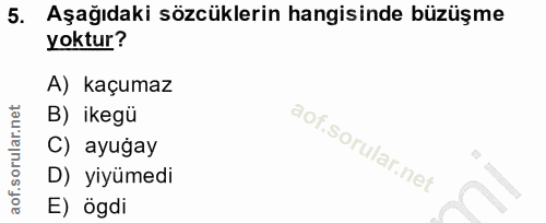 5. soru: Aşağıdaki sözcüklerin hangisinde büzüşme yoktur? A) kaçumaz B) ikegü C) ayugay D) yiyümedi E) ögdi
