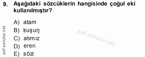 9. soru: Aşağıdaki sözcüklerin hangisinde çoğul eki kullanılmıştır? A) atam B) kuşun C) atımız D) eren E) sözi