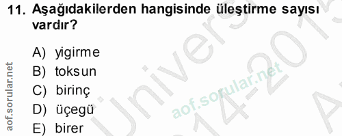11. soru: Aşağıdakilerden hangisinde üleştirme sayısı vardır? A) yigirme B) toksun aof.sofularinet C) birinç D) üçegü E) birer