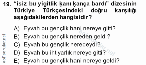 19. soru: "isiz bu yigitlik kanı kança bardı" dizesinin Türkiye Türkçesindeki doğru karşılığı aşağıdakilerden hangisidir? A) Ey…