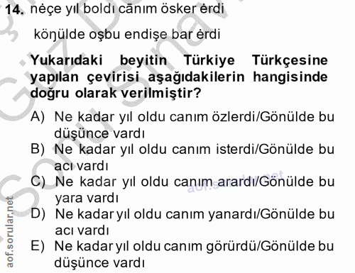 14. soru: néçe yıl boldı cānım ösker erdi könülde oşbu endişe bar érdi Yukarıdaki beyitin Türkiye Türkçesine yapılan çevirisi a…