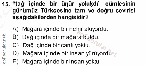15. soru: "tag içinde bir ünür yolukdı" cümlesinin günümüz Türkçesine tam ve doğru çevirisi aşağıdakilerden hangisidir? A) Mağa…