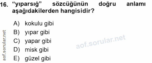 16. soru: "yıparsığ" sözcüğünün doğru anlamı aşağıdakilerden hangisidir? A) kokulu gibi B) yıpar gibi C) yapar gibi D) misk gib…