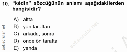 10. soru: "kédin" sözcüğünün anlamı aşağıdakilerden hangisidir? A) altta B) yan taraftan C) arkada, sonra D) önde ön tarafta E)…