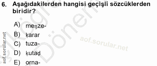 6. soru: Aşağıdakilerden hangisi geçişli sözcüklerden biridir? A) menze- B) karar C) tuza- D) kutad E) orna-