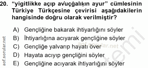 20. soru: "yigitlikke açıp avuçgalıkın ayur" cümlesinin Türkiye Türkçesine çevirisi aşağıdakilerin hangisinde doğru olarak veri…