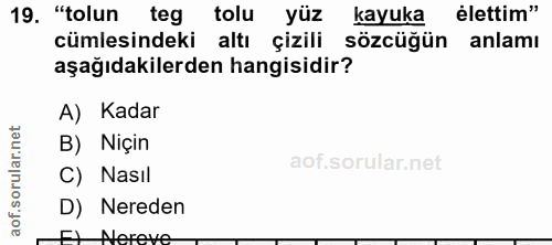 19. soru: "tolun teg tolu yüz kayuka kayuka élettim" cümlesindeki altı çizili sözcüğün anlamı aşağıdakilerden hangisidir? A) Ka…