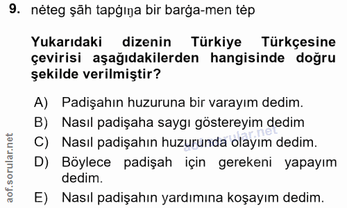 9. soru: néteg şäh tapğıga bir barga-men tép Yukarıdaki dizenin Türkiye Türkçesine çevirisi aşağıdakilerden hangisinde doğru ş…