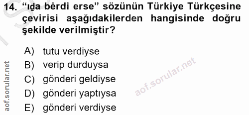 14. soru: "Ida bérdi erse" sözünün Türkiye Türkçesine çevirisi aşağıdakilerden hangisinde doğru şekilde verilmiştir? A) tutu ve…
