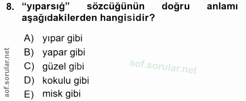 8. soru: "yıparsıg" sözcüğünün doğru anlamı aşağıdakilerden hangisidir? A) yıpar gibi B) yapar gibi C) güzel gibi D) kokulu gi…