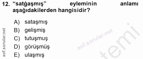 12. soru: "sataşmış" eyleminin anlamı aşağıdakilerden hangisidir? A) sataşmış B) gelişmiş C) tutuşmuş emi D) görüşmüş E) ulaşmış