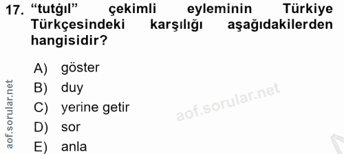 17. soru: "tutgıl" çekimli eyleminin Türkiye Türkçesindeki karşılığı aşağıdakilerden hangisidir? A) göster B) duy C) yerine get…