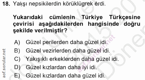 18. soru: Yakşı nepsikilerdin körüklügrek érdi. Yukarıdaki cümlenin Türkiye Türkçesine çevirisi aşağıdakilerden hangisinde doğr…