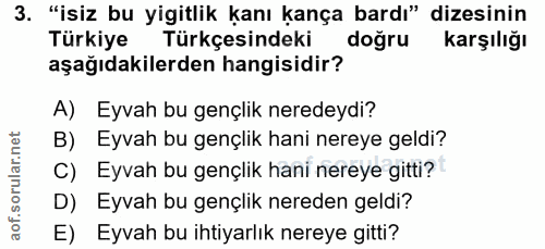 3. soru: "isiz bu yigitlik kanı kança bardı" dizesinin Türkiye Türkçesindeki doğru karşılığı aşağıdakilerden hangisidir? A) Ey…