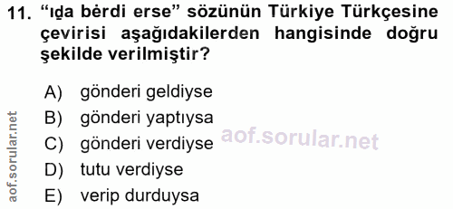 11. soru: "Ida bérdi erse" sözünün Türkiye Türkçesine çevirisi aşağıdakilerden hangisinde doğru şekilde verilmiştir? A) gönderi…