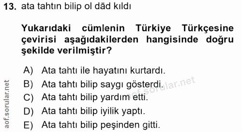 13. soru: ata tahtın bilip ol dad kıldı Yukarıdaki cümlenin Türkiye Türkçesine çevirisi aşağıdakilerden hangisinde doğru şekild…