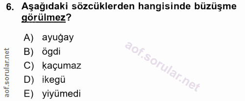 6. soru: Aşağıdaki sözcüklerden hangisinde büzüşme görülmez? A) ayugay B) ögdi C) kaçumaz D) ikegü E) yiyümedi