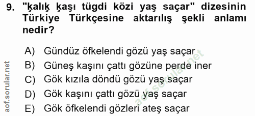 9. soru: "kalık kaşı tügdi közi yaş saçar" dizesinin Türkiye Türkçesine aktarılış şekli anlamı nedir? A) Gündüz öfkelendi gözü…