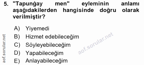 5. soru: "Tapungay men" eyleminin anlamı aşağıdakilerden hangisinde doğru olarak verilmiştir? A) Yiyemedi B) Hizmet edebileceğ…