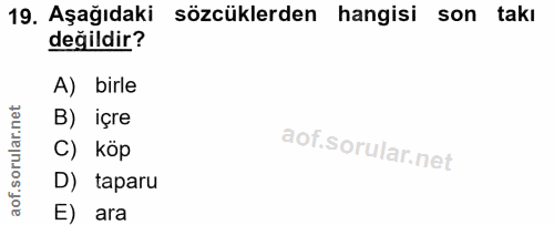 19. soru: Aşağıdaki sözcüklerden hangisi son takı değildir? A) birle B) içre C) köp D) taparu E) ara