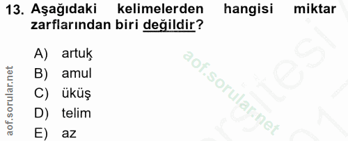 13. soru: Aşağıdaki kelimelerden hangisi miktar zarflarından biri değildir? A) artuk amul C) üküş D) telim E) az