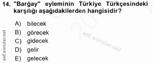 14. soru: "Bargay" eyleminin Türkiye Türkçesindeki karşılığı aşağıdakilerden hangisidir? A) bilecek B) görecek C) gidecek D) ge…