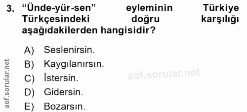 3. soru: "Ünde-yür-sen" eyleminin Türkiye Türkçesindeki doğru karşılığı aşağıdakilerden hangisidir? A) Seslenirsin. B) Kaygıla…
