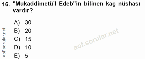 16. soru: "Mukaddimetü'l Edeb"in bilinen kaç nüshası vardır? A) 30 B) 20 C) 15 D) 10 E) 5